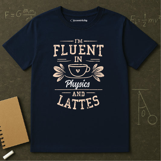 "I am Fluent in Physics and Lattes" textured Premium Physics Shirt